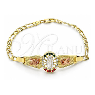Oro Laminado Fancy Bracelet, Gold Filled Style Guadalupe and Flower Design, with Multicolor Crystal, Polished, Tricolor, 03.380.0085.1.08 (04 MM Thickness, 8 Inches Length)