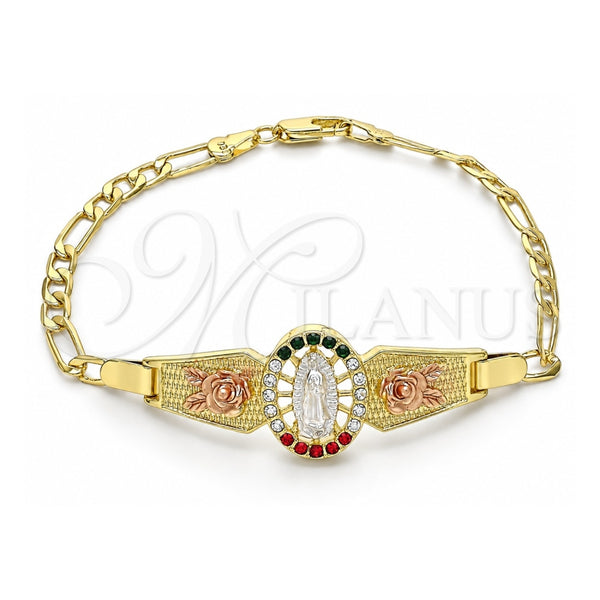 Oro Laminado Fancy Bracelet, Gold Filled Style Guadalupe and Flower Design, with Multicolor Crystal, Polished, Tricolor, 03.380.0085.1.08 (04 MM Thickness, 8 Inches Length)
