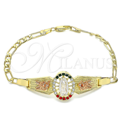 Oro Laminado Fancy Bracelet, Gold Filled Style Guadalupe and Flower Design, with Multicolor Crystal, Polished, Tricolor, 03.380.0085.1.08 (04 MM Thickness, 8 Inches Length)