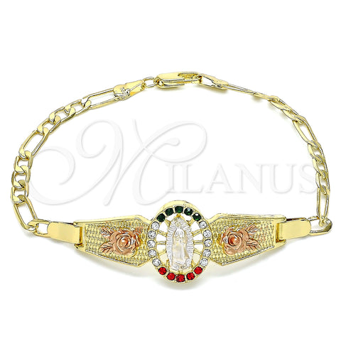 Oro Laminado Fancy Bracelet, Gold Filled Style Guadalupe and Flower Design, with Multicolor Crystal, Polished, Tricolor, 03.380.0085.1.08 (04 MM Thickness, 8 Inches Length)