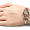 Oro Laminado Fancy Bracelet, Gold Filled Style San Judas and Flower Design, with Multicolor Crystal, Polished, Tricolor, 03.380.0087.08 (04 MM Thickness, 8 Inches Length)
