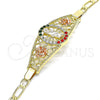 Oro Laminado Fancy Bracelet, Gold Filled Style San Judas and Flower Design, with Multicolor Crystal, Polished, Tricolor, 03.380.0087.08 (04 MM Thickness, 8 Inches Length)