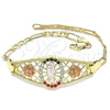 Oro Laminado Fancy Bracelet, Gold Filled Style San Judas and Flower Design, with Multicolor Crystal, Polished, Tricolor, 03.380.0087.08 (04 MM Thickness, 8 Inches Length)
