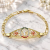 Oro Laminado Fancy Bracelet, Gold Filled Style San Judas and Flower Design, with Multicolor Crystal, Polished, Tricolor, 03.380.0087.08 (04 MM Thickness, 8 Inches Length)
