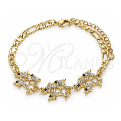 Oro Laminado Fancy Bracelet, Gold Filled Style Dolphin Design, with White and Black Crystal, Polished, Golden Finish, 03.380.0088.08 (04 MM Thickness, 8 Inches Length)