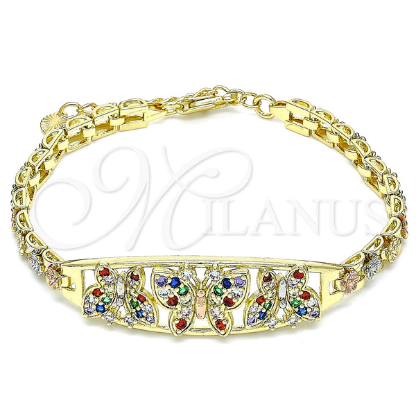 Gold Filled Bracelet — Fancy Bracelet Butterfly and Flower Design with Multicolor — main product view — SKU 141552 | Oro Laminado brazalete — elegante Bracelet Butterfly and flor diseño with Multicolor — SKU 141552