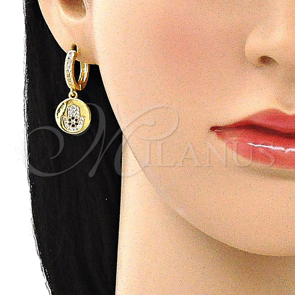 Gold Filled Hoop Earrings — Huggie Hoop Judaica and Hand of God Design — alternate product view — SKU 141590 | Oro Laminado aretes de aro — Huggie Hoop Judaica and Hand of God diseño — SKU 141590