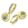 Oro Laminado Huggie Hoop, Gold Filled Style Hand of God Design, with Blue Topaz and White Micro Pave, Polished, Golden Finish, 02.381.0027.15