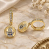 Oro Laminado Huggie Hoop, Gold Filled Style Judaica and Hand of God Design, with Blue Topaz and White Micro Pave, Polished, Golden Finish, 02.381.0027.15