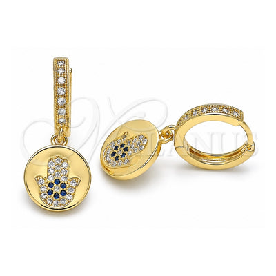 Oro Laminado Huggie Hoop, Gold Filled Style Judaica and Hand of God Design, with Blue Topaz and White Micro Pave, Polished, Golden Finish, 02.381.0027.15