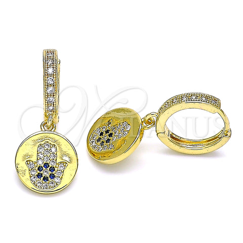 Oro Laminado Huggie Hoop, Gold Filled Style Hand of God Design, with Blue Topaz and White Micro Pave, Polished, Golden Finish, 02.381.0027.15