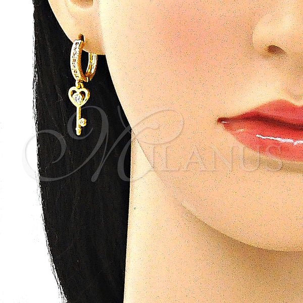 Gold Filled Hoop Earrings — Huggie Hoop key and Heart Design with White — alternate product view — SKU 141595 | Oro Laminado aretes de aro — Huggie Hoop key and corazón diseño with blanco — SKU 141595