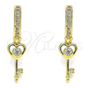 Oro Laminado Huggie Hoop, Gold Filled Style key and Heart Design, with White Cubic Zirconia and White Micro Pave, Polished, Golden Finish, 02.368.0003.15