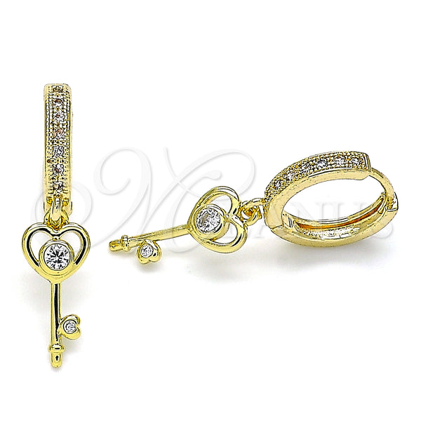 Gold Filled Hoop Earrings — Huggie Hoop key and Heart Design with White — main product view — SKU 141595 | Oro Laminado aretes de aro — Huggie Hoop key and corazón diseño with blanco — SKU 141595