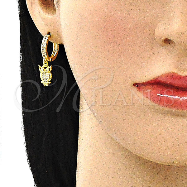 Gold Filled Hoop Earrings — Huggie Hoop Owl Design with White Micro Pave — alternate product view — SKU 141599 | Oro Laminado aretes de aro — Huggie Hoop Owl diseño with blanco Micro Pave — SKU 141599