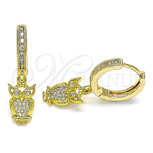 Gold Filled Hoop Earrings — Huggie Hoop Owl Design with White Micro Pave — main product view — SKU 141599 | Oro Laminado aretes de aro — Huggie Hoop Owl diseño with blanco Micro Pave — SKU 141599