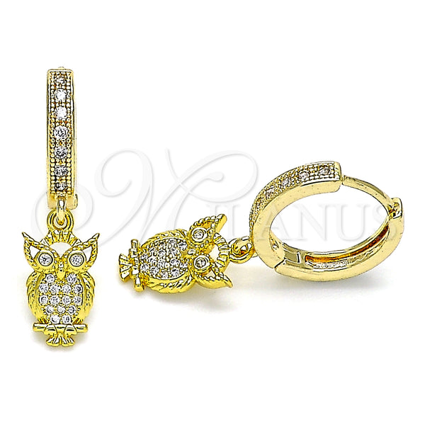 Gold Filled Hoop Earrings — Huggie Hoop Owl Design with White Micro Pave — main product view — SKU 141599 | Oro Laminado aretes de aro — Huggie Hoop Owl diseño with blanco Micro Pave — SKU 141599