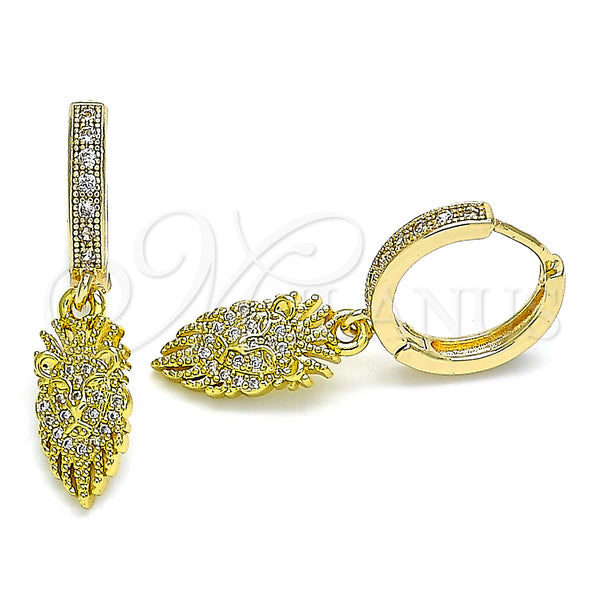 Gold Filled Hoop Earrings — Huggie Hoop Lion Design with White Micro Pave — main product view — SKU 141600 | Oro Laminado aretes de aro — Huggie Hoop Lion diseño with blanco Micro Pave — SKU 141600