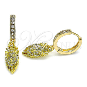 Gold Filled Hoop Earrings — Huggie Hoop Lion Design with White Micro Pave — main product view — SKU 141600 | Oro Laminado aretes de aro — Huggie Hoop Lion diseño with blanco Micro Pave — SKU 141600