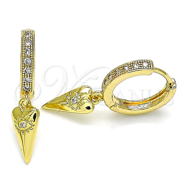 Gold Filled Hoop Earrings — Huggie Hoop Heart and Evil Eye Design with — main product view — SKU 141603 | Oro Laminado aretes de aro — Huggie Hoop corazón and Evil Eye diseño with — SKU 141603