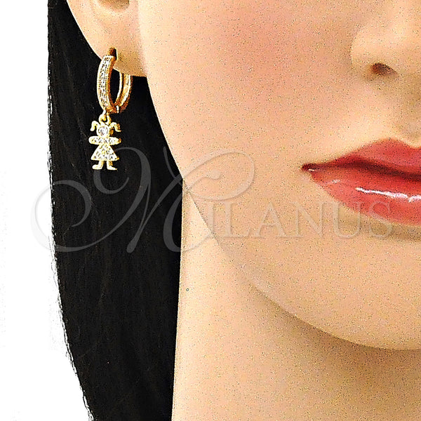Gold Filled Hoop Earrings — Huggie Hoop Little Girl Design with White Micro — alternate product view — SKU 141604 | Oro Laminado aretes de aro — Huggie Hoop Little Girl diseño with blanco Micro — SKU 141604