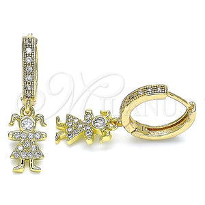 Gold Filled Hoop Earrings — Huggie Hoop Little Girl Design with White Micro — main product view — SKU 141604 | Oro Laminado aretes de aro — Huggie Hoop Little Girl diseño with blanco Micro — SKU 141604