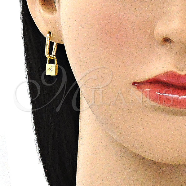 Gold Filled Hoop Earrings — Huggie Hoop Lock and Sun Design with White — alternate product view — SKU 141608 | Oro Laminado aretes de aro — Huggie Hoop Lock and Sun diseño with blanco — SKU 141608