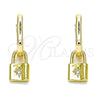 Oro Laminado Huggie Hoop, Gold Filled Style Lock and Sun Design, with White Micro Pave, Polished, Golden Finish, 02.368.0016.10