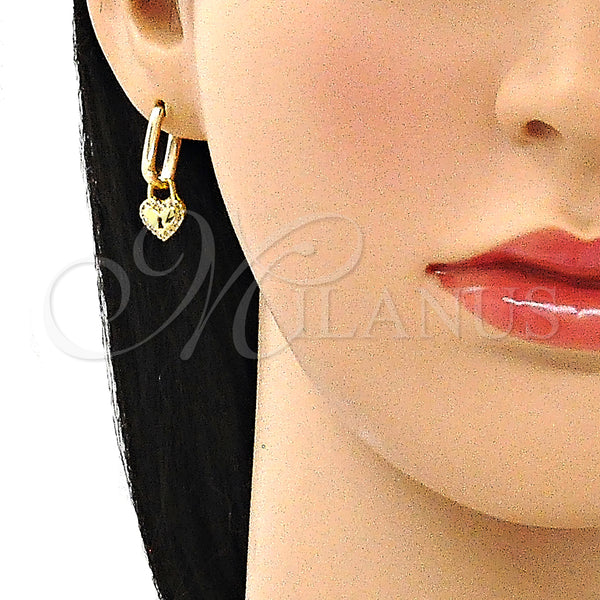 Gold Filled Hoop Earrings — Huggie Hoop Heart and Lock Design with White — alternate product view — SKU 141611 | Oro Laminado aretes de aro — Huggie Hoop corazón and Lock diseño with blanco — SKU 141611