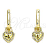 Oro Laminado Huggie Hoop, Gold Filled Style Heart and Lock Design, with White Micro Pave, Polished, Golden Finish, 02.368.0019.10