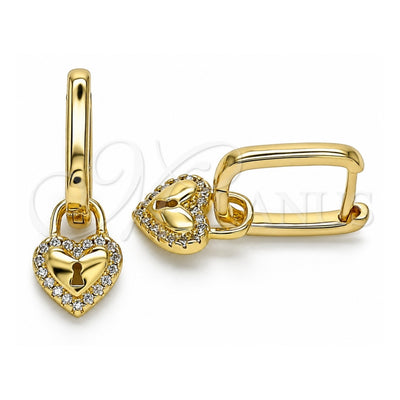 Oro Laminado Huggie Hoop, Gold Filled Style Heart and Lock Design, with White Micro Pave, Polished, Golden Finish, 02.368.0019.10