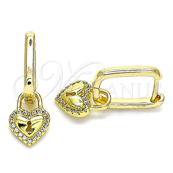 Gold Filled Hoop Earrings — Huggie Hoop Heart and Lock Design with White — main product view — SKU 141611 | Oro Laminado aretes de aro — Huggie Hoop corazón and Lock diseño with blanco — SKU 141611