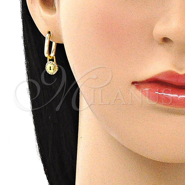 Gold Filled Hoop Earrings — Huggie Hoop Lock Design with White Micro Pave — alternate product view — SKU 141612 | Oro Laminado aretes de aro — Huggie Hoop Lock diseño with blanco Micro Pave — SKU 141612