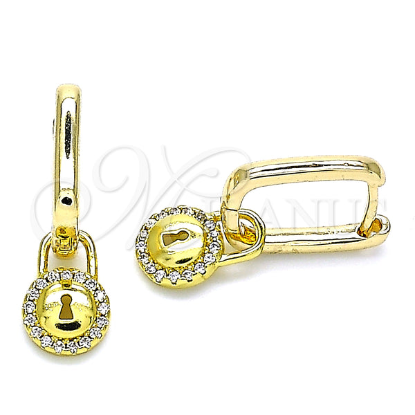 Gold Filled Hoop Earrings — Huggie Hoop Lock Design with White Micro Pave — main product view — SKU 141612 | Oro Laminado aretes de aro — Huggie Hoop Lock diseño with blanco Micro Pave — SKU 141612