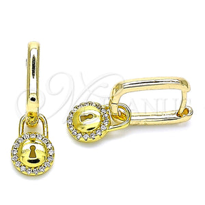Gold Filled Hoop Earrings — Huggie Hoop Lock Design with White Micro Pave — main product view — SKU 141612 | Oro Laminado aretes de aro — Huggie Hoop Lock diseño with blanco Micro Pave — SKU 141612