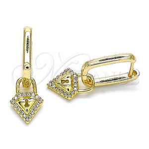 Gold Filled Hoop Earrings — Huggie Hoop Lock and Diamond Design with White — main product view — SKU 141613 | Oro Laminado aretes de aro — Huggie Hoop Lock and Diamond diseño with blanco — SKU 141613