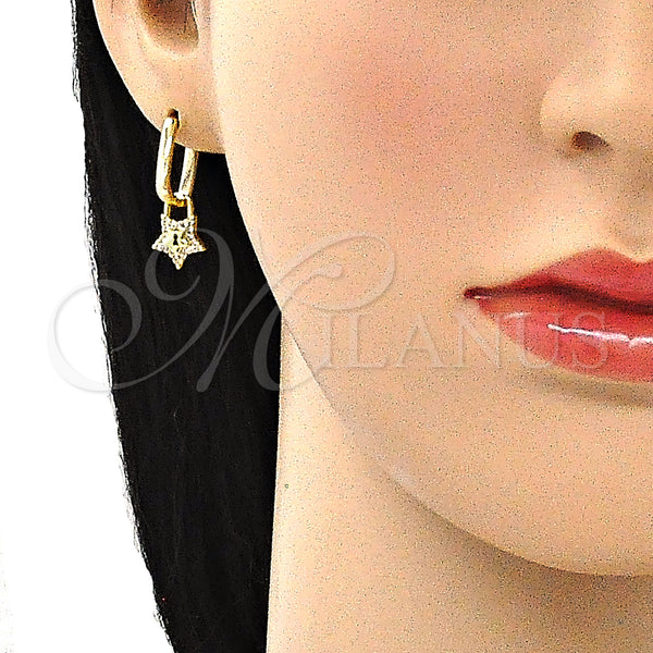 Gold Filled Hoop Earrings — Huggie Hoop Lock and Star Design with White — alternate product view — SKU 141614 | Oro Laminado aretes de aro — Huggie Hoop Lock and estrella diseño with blanco — SKU 141614