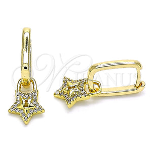 Gold Filled Hoop Earrings — Huggie Hoop Lock and Star Design with White — main product view — SKU 141614 | Oro Laminado aretes de aro — Huggie Hoop Lock and estrella diseño with blanco — SKU 141614