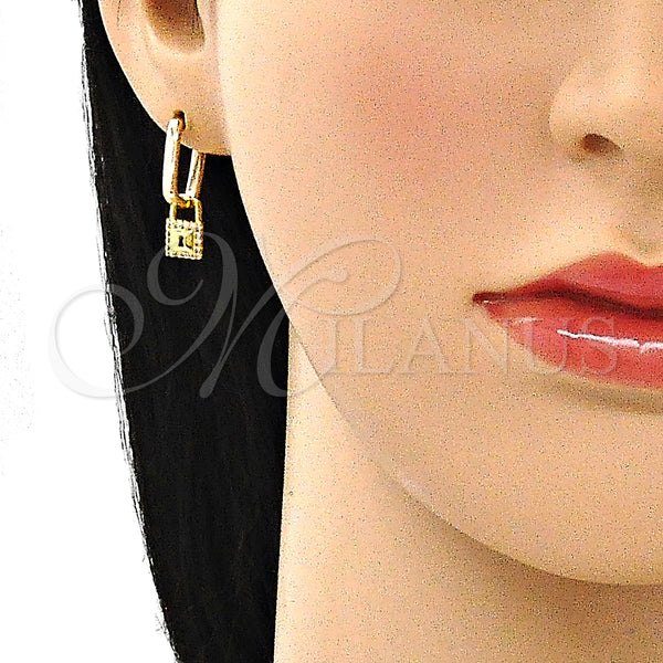 Gold Filled Hoop Earrings — Huggie Hoop Lock Design with White Micro Pave — alternate product view — SKU 141615 | Oro Laminado aretes de aro — Huggie Hoop Lock diseño with blanco Micro Pave — SKU 141615