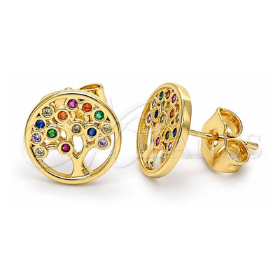 Oro Laminado Stud Earring, Gold Filled Style Tree Design, with Multicolor Micro Pave, Polished, Golden Finish, 02.156.0531.1