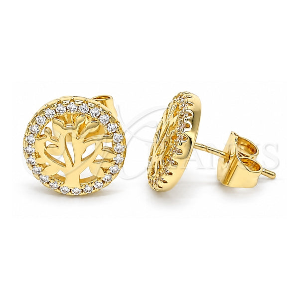 Oro Laminado Stud Earring, Gold Filled Style Tree Design, with White Micro Pave, Polished, Golden Finish, 02.156.0533