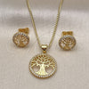 Oro Laminado Earring and Pendant Adult Set, Gold Filled Style Tree Design, with White Micro Pave, Polished, Golden Finish, 10.156.0335