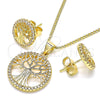 Oro Laminado Earring and Pendant Adult Set, Gold Filled Style Tree Design, with White Micro Pave, Polished, Golden Finish, 10.156.0335