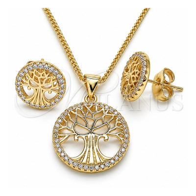 Oro Laminado Earring and Pendant Adult Set, Gold Filled Style Tree Design, with White Micro Pave, Polished, Golden Finish, 10.156.0335