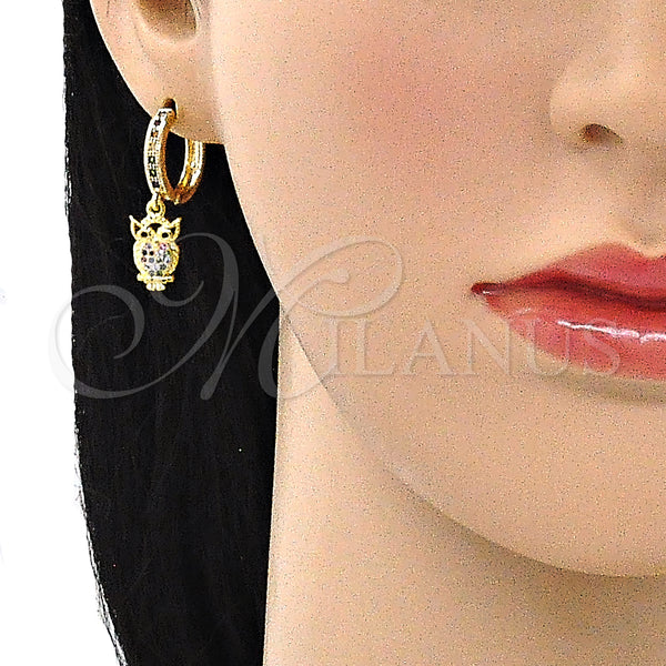Gold Filled Hoop Earrings — Huggie Hoop Owl Design with Multicolor Micro Pave — alternate product view — SKU 141655 | Oro Laminado aretes de aro — Huggie Hoop Owl diseño with Multicolor Micro Pave — SKU 141655