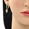 Oro Laminado Huggie Hoop, Gold Filled Style Owl Design, with Multicolor Micro Pave, Polished, Golden Finish, 02.381.0043.15