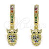 Oro Laminado Huggie Hoop, Gold Filled Style Owl Design, with Multicolor Micro Pave, Polished, Golden Finish, 02.381.0043.15