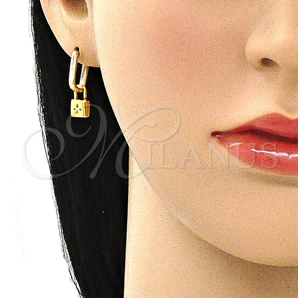 Gold Filled Hoop Earrings — Huggie Hoop Lock and Four-leaf Clover Design with — alternate product view — SKU 141658 | Oro Laminado aretes de aro — Huggie Hoop Lock and Four-leaf Clover diseño with — SKU 141658