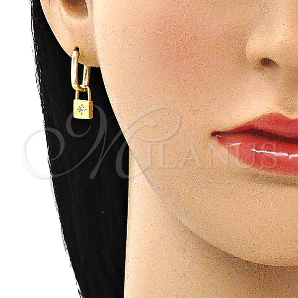 Gold Filled Hoop Earrings — Huggie Hoop Lock and Sun Design with White — alternate product view — SKU 141660 | Oro Laminado aretes de aro — Huggie Hoop Lock and Sun diseño with blanco — SKU 141660