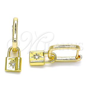 Gold Filled Hoop Earrings — Huggie Hoop Lock and Sun Design with White — main product view — SKU 141660 | Oro Laminado aretes de aro — Huggie Hoop Lock and Sun diseño with blanco — SKU 141660